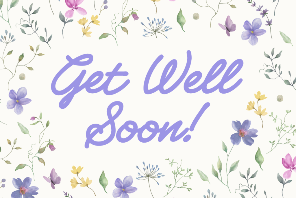 Get well card with purple background and illustrated flowers